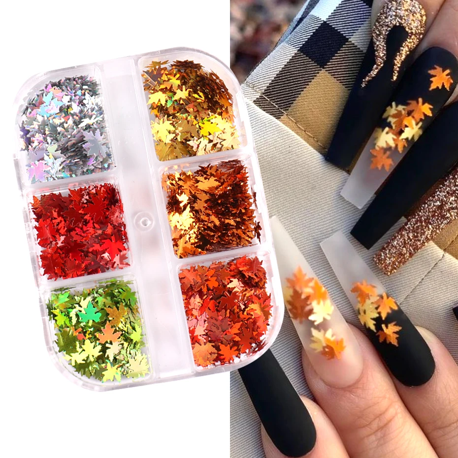 

6 сеток кленовый лист блестки осенние голографические акриловые лазерные Золотые 3D блестки хлопья Сделай Сам маникюрные украшения для ногтей