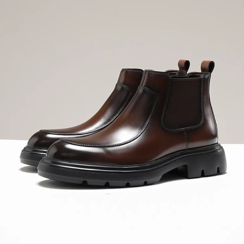 【Leichte Sohle】 Kurze britische Echtleder-Stiefel mit mattierter High-Top-Freizeitschuhe mit dicker Sohle, Chelsea-Stiefel für Herren für die Körpergröße – Detail 9