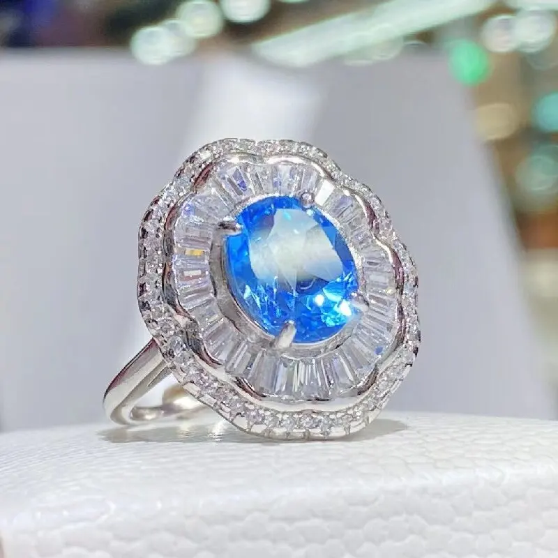 

Best Seller Silver Ring 100% Natural Switzerland Blue Topaz Gemstone 7*9mm Jewelry Ring For Wedding Party Banquet Anniversary