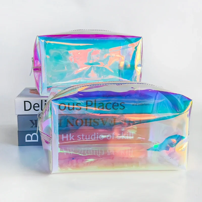 Holographic Makeup Bag Cosmetic Travel Bag Waterproof Storage Pouch Purse for Women PVC Transparent Jelly Pouch for Ladies