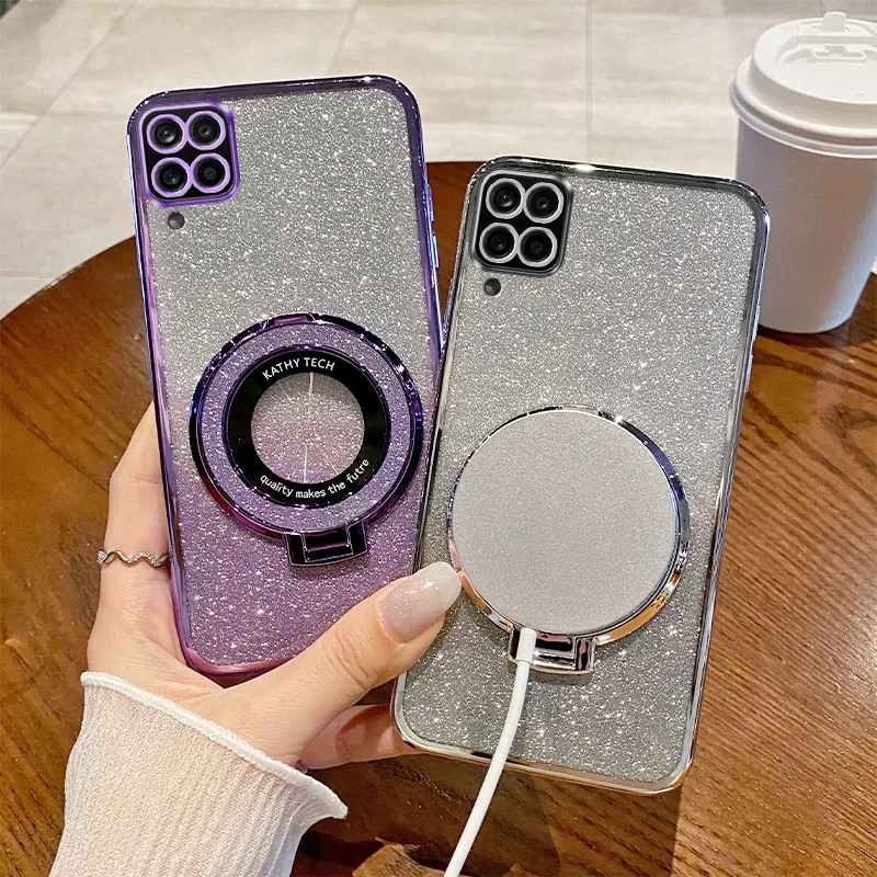 Gradient Glitter Ring Stand Soft Phone Case - Sparkling Grip Cover