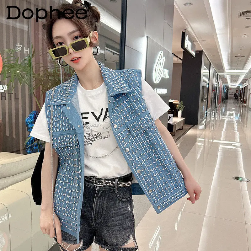 

Denim Vest Women's New Small Short Jacket Outerwear Cover-up Western Style Fashion Diamond-Embedded Short Coats Vest Cardigan