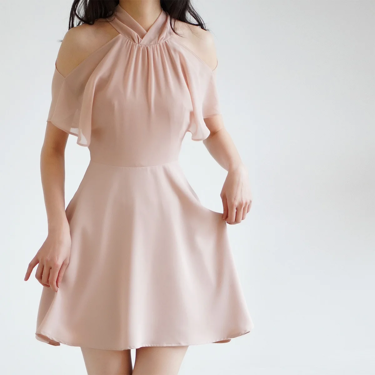 white christmas dresses High Slit U-Neck Chiffon Bridesmaid Dress with Ruffle Sleeves and Open Back  Bow Detail main image 1