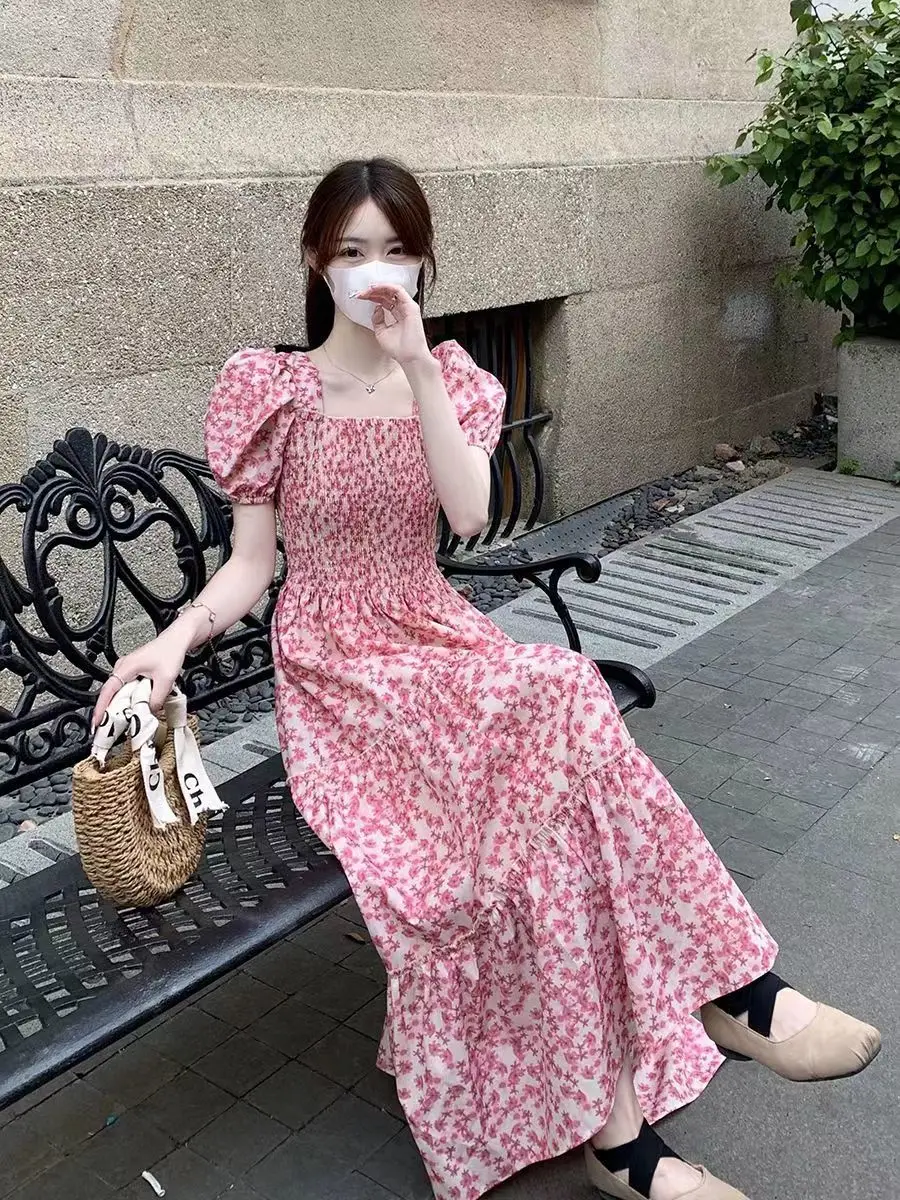 Summer Dress Women Maxi Pink Romantic Vintage French Style Square