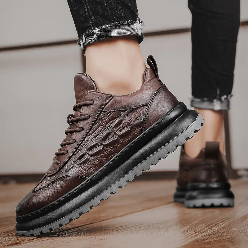 Men Faux Cowhide Crocodile Print Sneakers Casual Leather Shoes Men's Versatile Thick Soled Wear Resistant Shoes Men's Work shoes 2