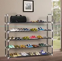 Simple Assembly 5 Tiers Non-woven Fabric Shoe Rack with Handle Black RT 1