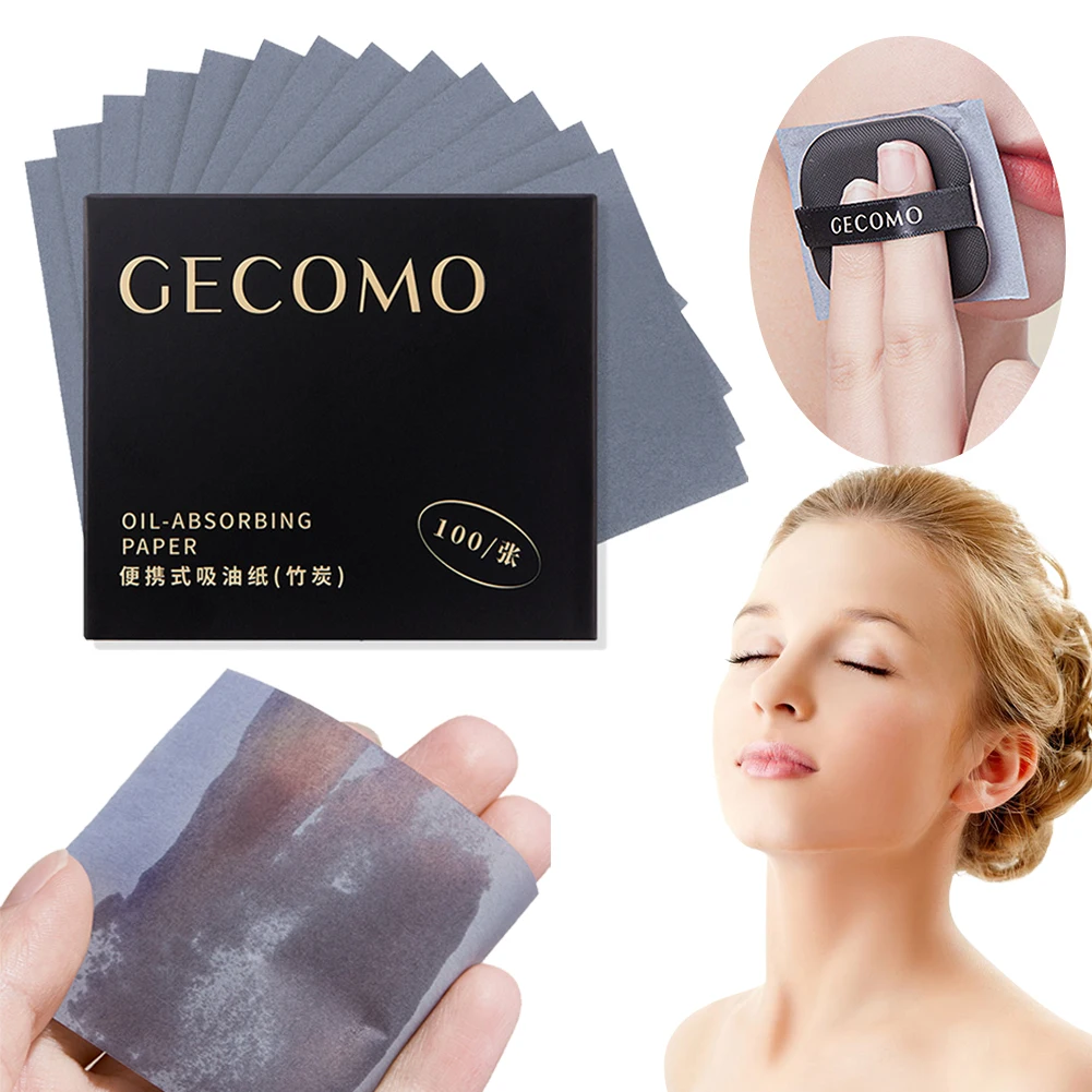 Face Oil Absorbing Paper 100 Sheets Oil Control Paper with Case & Powder Puff Oil Blotting Papers Bamboo Charcoal Face Blotting Sheets for Oily Skin