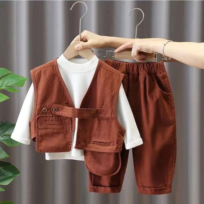 

Toddler Outfits 2023 Spring Autumn New Fashion Vest+Long Sleeved T-Shirt+Pants 3pcs Baby Boys Girls Clothes Tracksuits Kids 1-5T