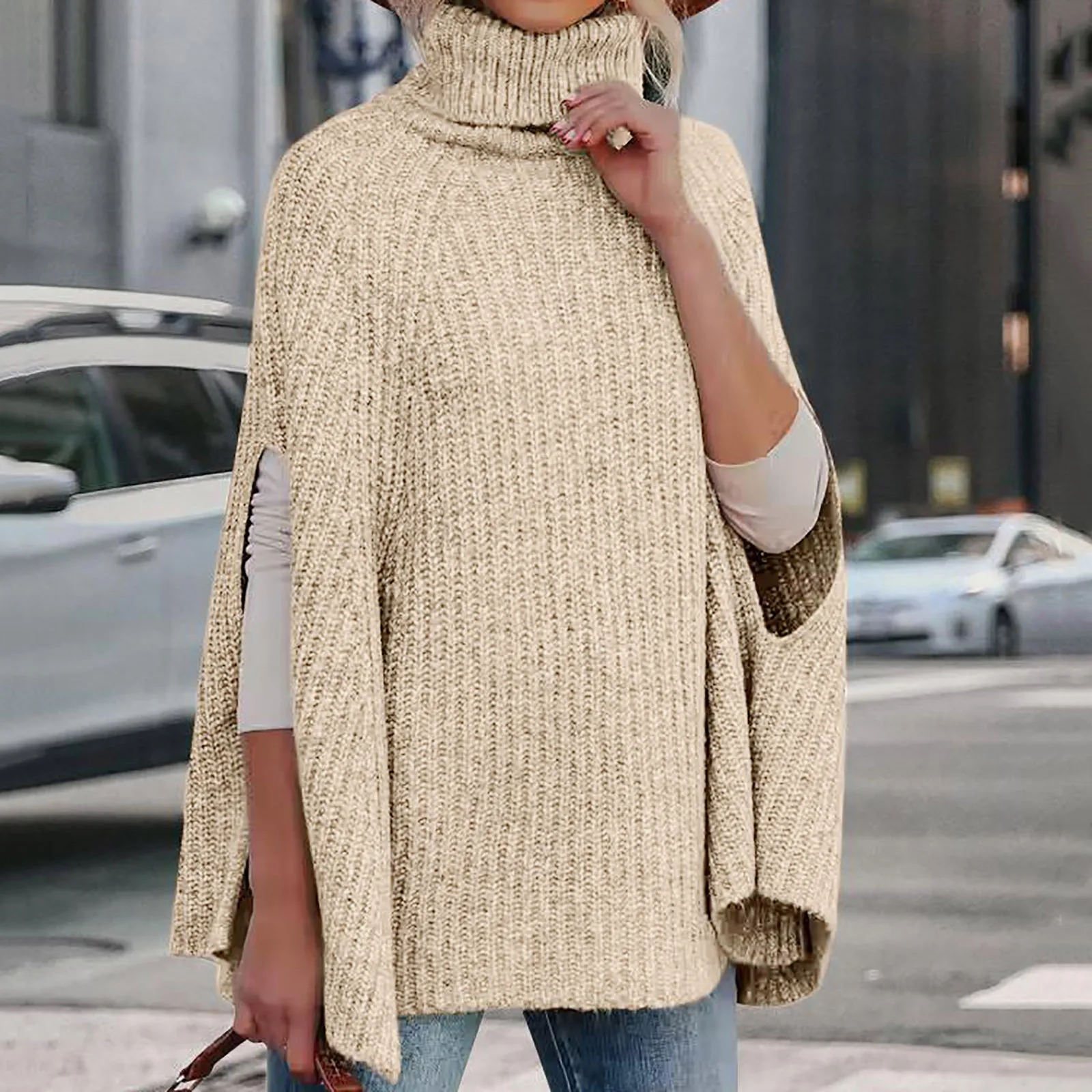 

Women's Spring And Autumn Turtleneck Poncho Sweater Fashion Chunky Knit Cape Wrap Sweaters Solid Colour Pullover Jumper Tops