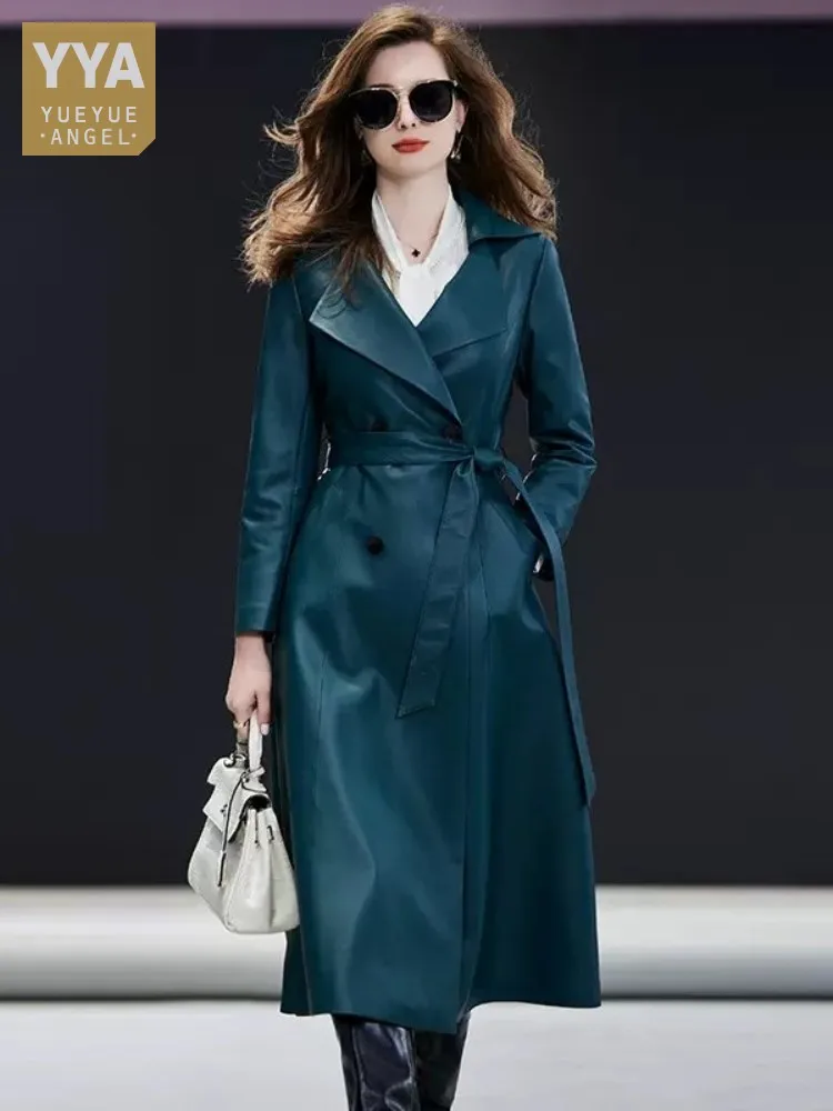 

Brand Genuine Leather Long Overcoat Office Lady Elegant Double Breasted Trench Coat Women Natural Sheepskin Windbreakers Outwear