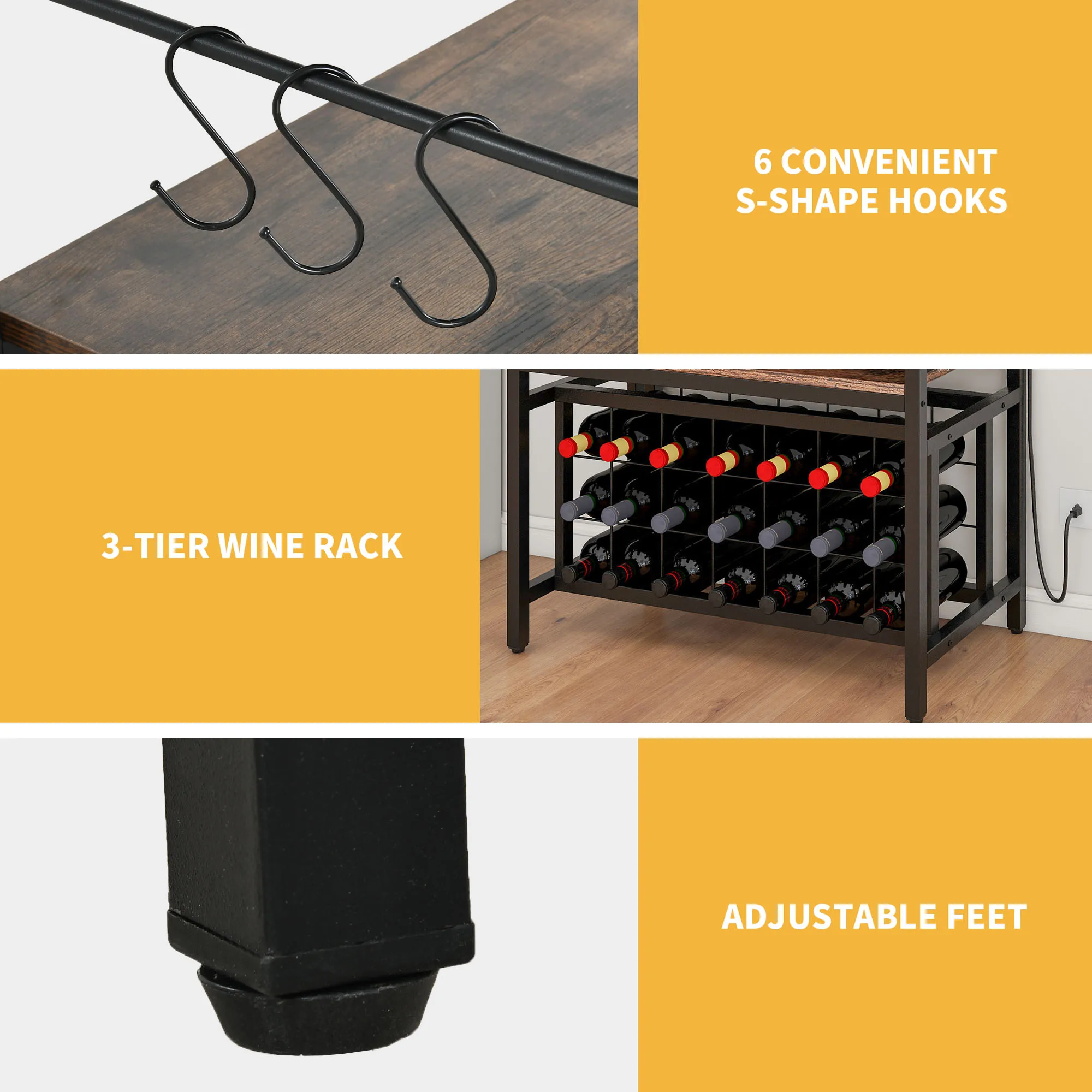 Wine Bar Table Wine Rack Bakers Rack with Glass Stemware Holders for Kitchen Pub