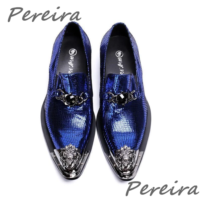Fashion Shiny Men's Shoes Banquet Nightclub Prom Shoes Metal Pointed Toe Blue Genuine Leather Formal Shoes Party Wedding Oxfords