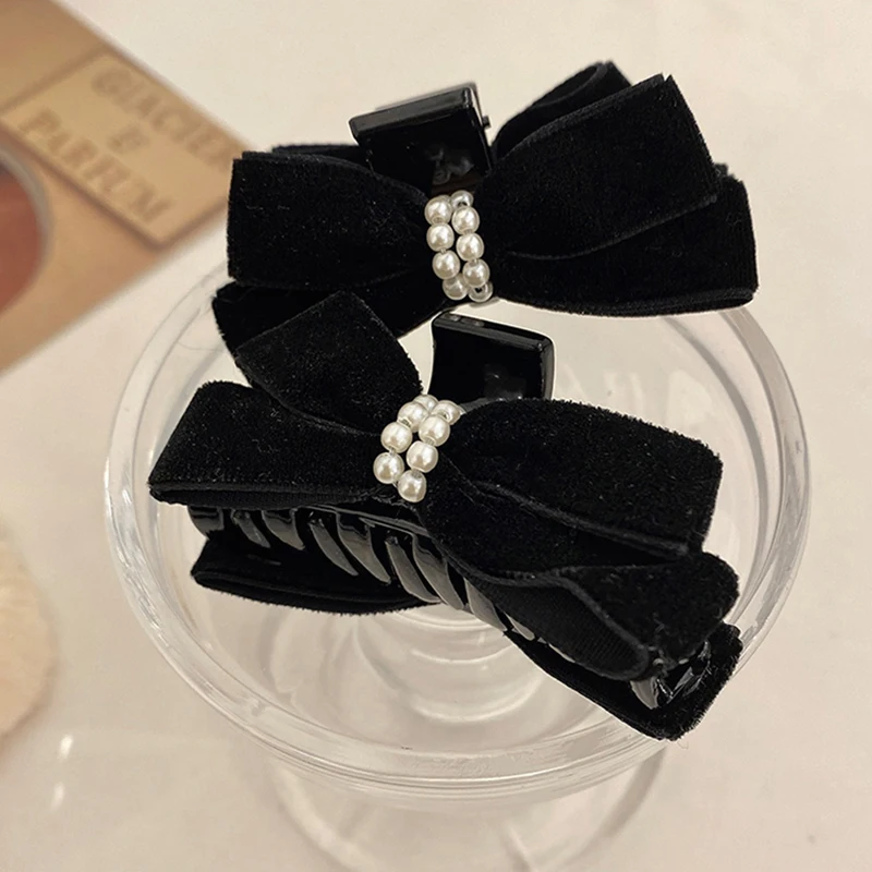 1pc Women Small Black Velvet Bow Pearl Hair Claws Elegant 
