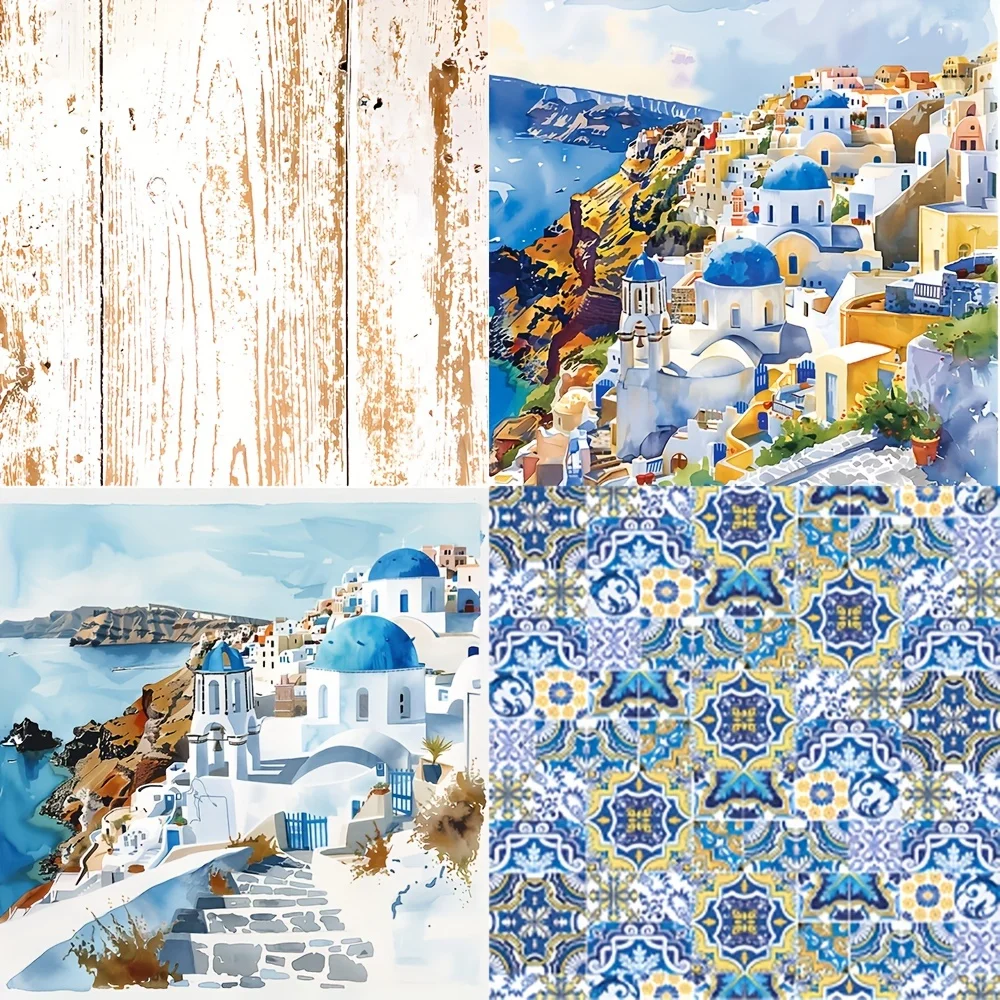 44pcs Background Paper and Sticker set Mediterranean Summer Vibe Suitble for Themed Party Flag DIY, Bottle, Junk Journal