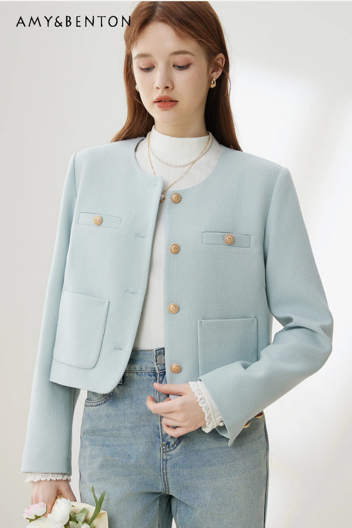 

Elegant Graceful Tweed Jackets for Women Spring and Autumn Sweet Cute Round Neck Long Sleeve Single Breasted Socialist Jacket