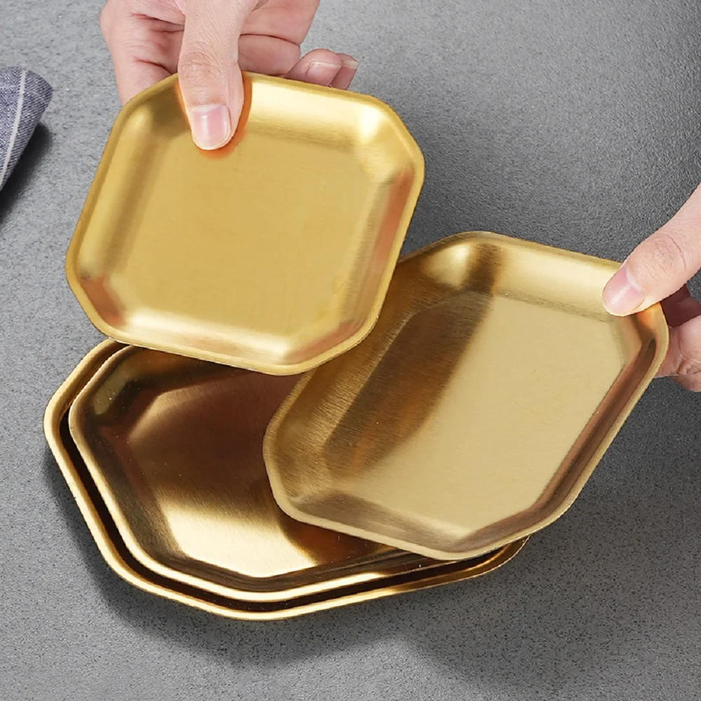 Korean Tableware Square Dessert Pastry Plate Stainless Steel Serving Plate Cake Snack Kimchi Sauce Dipping Tray Kitchen Utensils
