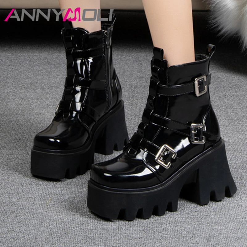 

ANNYMOLI Women Patent Leather Ankle Short Boot Round Toe Platform Thick High Heel Zipper Buckle Combat Boot Lady Shoes Winter 43
