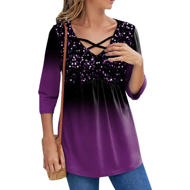 Women's Plus Size Tops Blouse Color Gradient Sequins Long Sleeve V Neck Streetwear Festival Daily Sports Polyester Spring Summer Black Purple 6