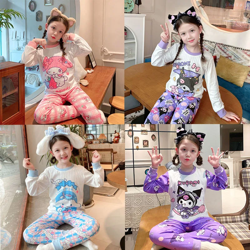 

Детские пижамы с аниме Sanrioed My Melody Kuromi, осенне-зимние топы для мальчиков и девочек, штаны, детский домашний комплект из чистого хлопка без косточек