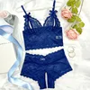 Sensual Lingerie Transparent Lace Bra Kits Crotchless Female Underwear Set Dark Blue Hollow Exotic Sets Tempation Intimate Goods 1