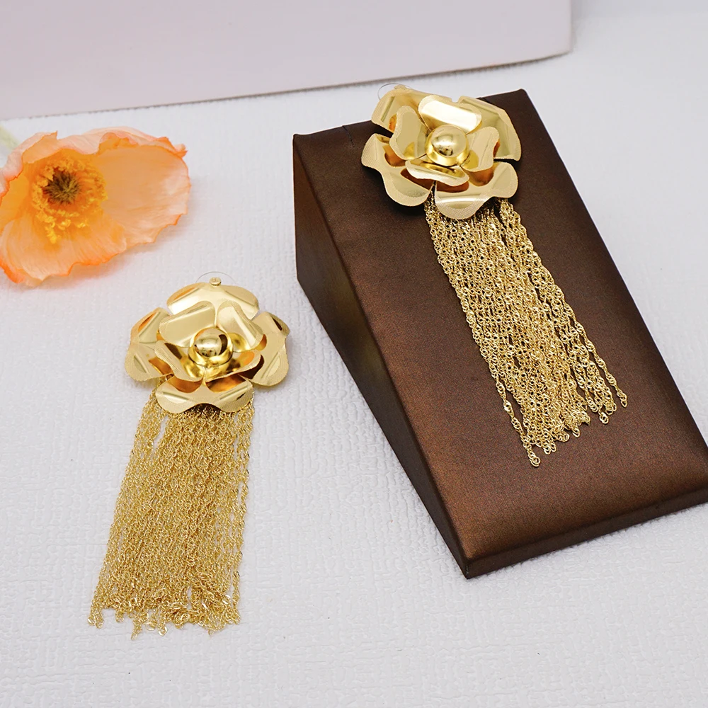 Fashion Gold Color Flower Hoop Earrings Statement Long Hanging Earrings Drop Tassel Earrings For Female Daily Pendant Jewelry