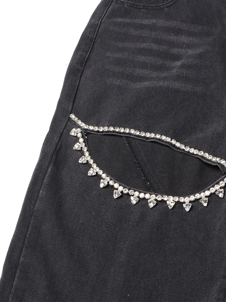 TWOTWINSTYLE Hollow Out Patchwork Diamonds Jeans For Women High Waist Spliced Pocket Casual Denim Pants Female Fashion Clothes 6