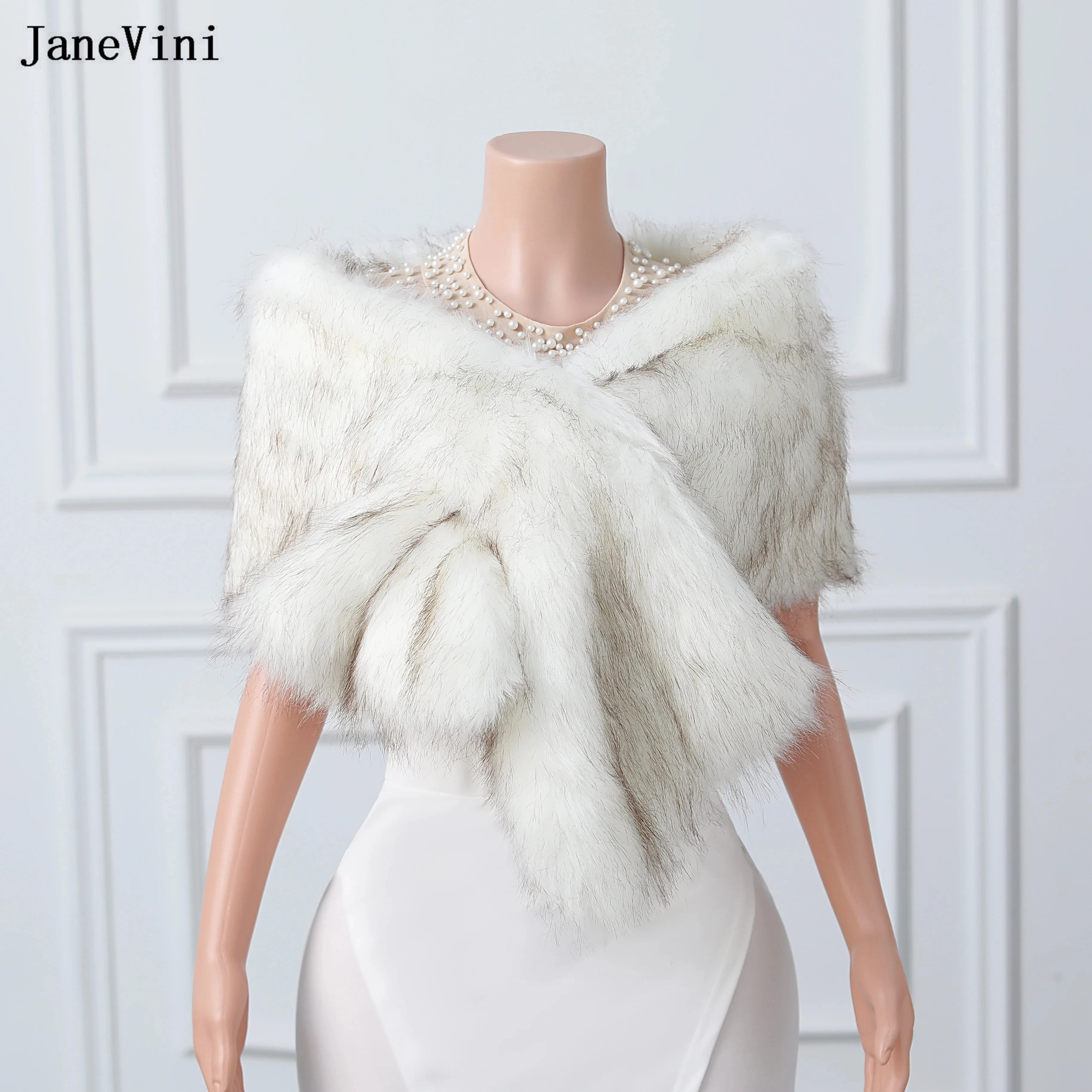 Janevini 2024 New White Fur Scialle Wedding Bolero Party Jacket Mantella Da Sposa Wraps Bride Faux Fur Stola Shrug Mantello Narzutka Damska