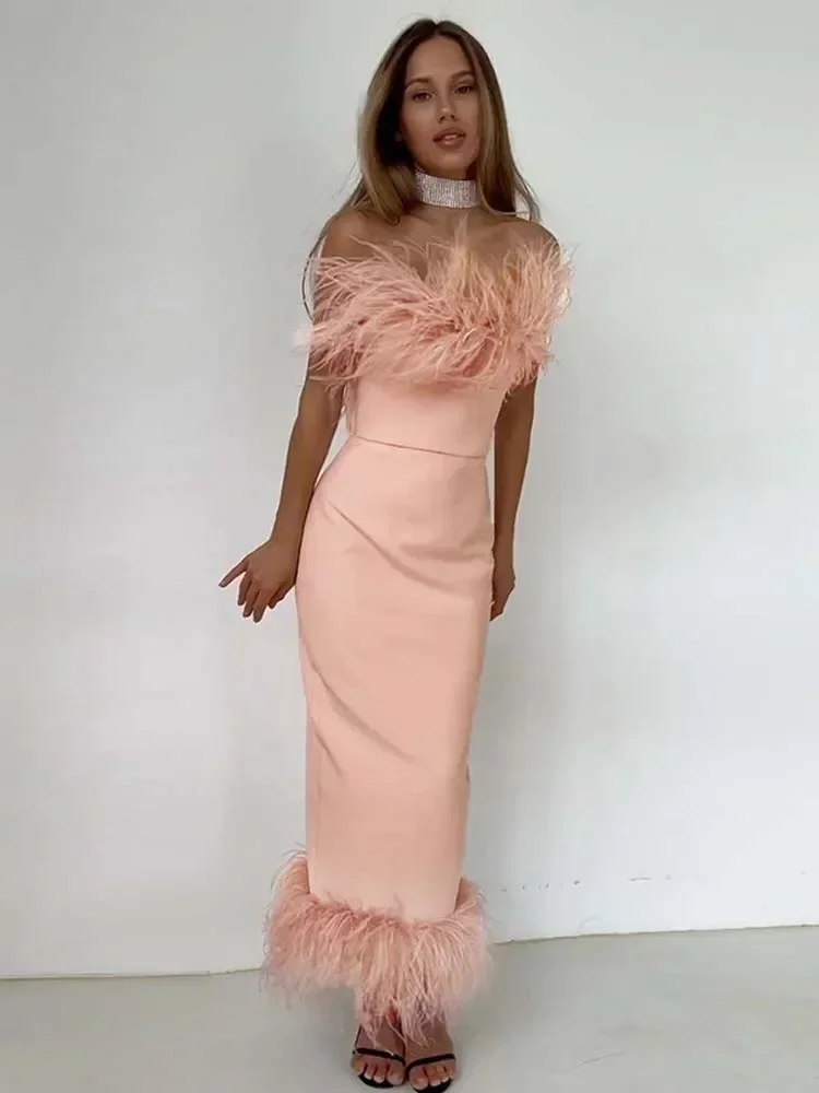 

Bangniweigou Party Feather Tube Dress Off Shoulder Elegant Split Midi Prom Robe Women Birthday Pink White Black Evening Attire
