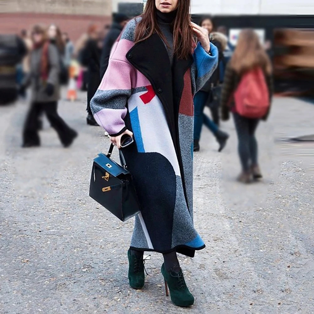 

Fashion Color Block Printed Coat Womens Autumn Winter Lapel Elegant Commute Colorful Geometric Printed Extra Long Jacket