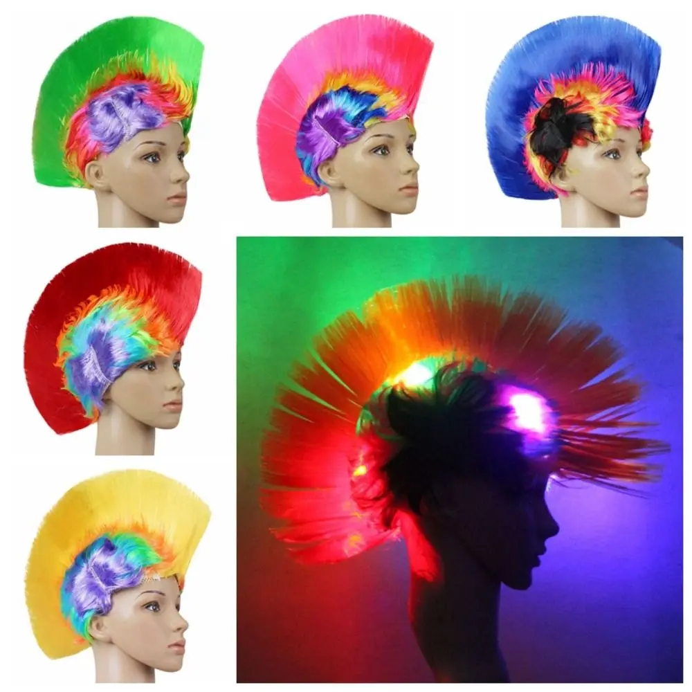 Luminous Funny Cockscomb Clown Fans Colored LED Rainbow Punk Wig Disco Fluffy Mohawk Wig Halloween Cosplay