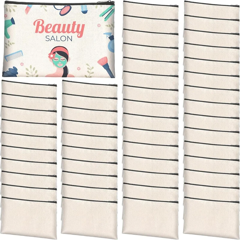 50Pcs Sublimation Blank Canvas Makeup Bags, Bulk Blank DIY Heat Transfer Cosmetic Makeup Bags For Bridesmaid Bag