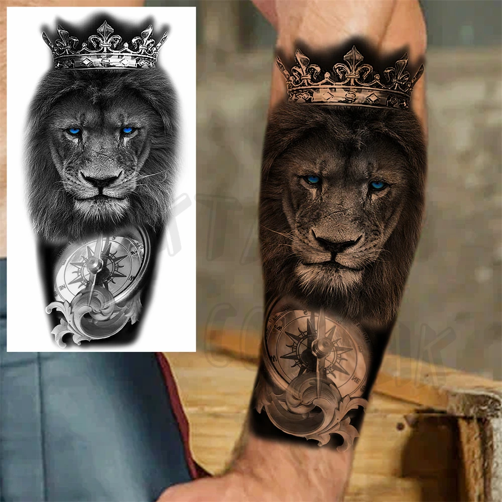 Realistic Lion Eyes Arm Temporary Tattoos For Women Adult Men Lion Compass Crown Cross False Tattoo 3D Waterproof Tattoo Sticker 2