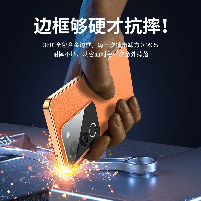 360 Full Protection Case for Vivo V29 5G V2250 Metal Bumper Clear Front Glass with Back PU Leather Cover for Vivo V29 5G V2250