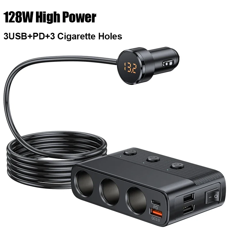 Car Charger Splitter Multi Ports PD30W QC3.0 Cigarette Lighter Adapter Car Cigarette Lighter Socket Splitter with Switch 128W