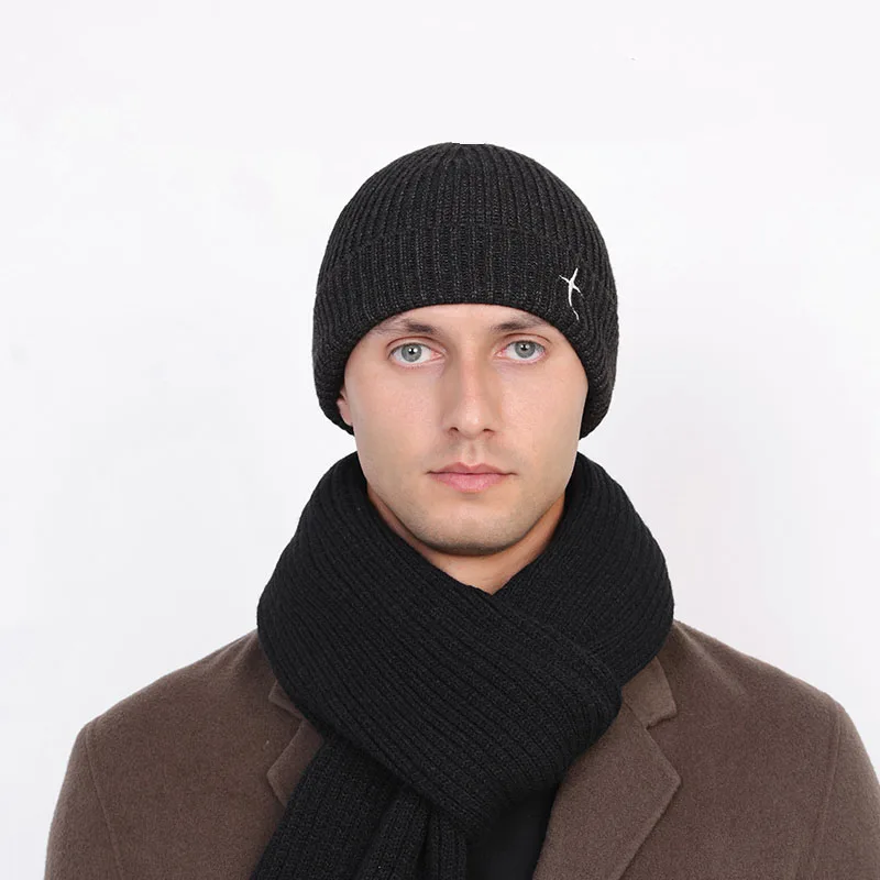 Beanie Hat Set Men's Big Head Circumference Cold Hat Winter Thickened Warm Knit