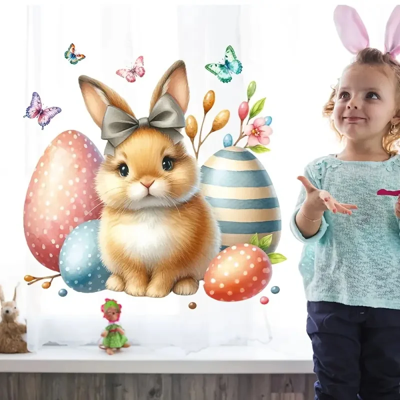 Modern Cartoon Bunny Window Stickers Reusable Self-Adhesive PVC Decals Living Room Bedroom Glass Door & Window Decor