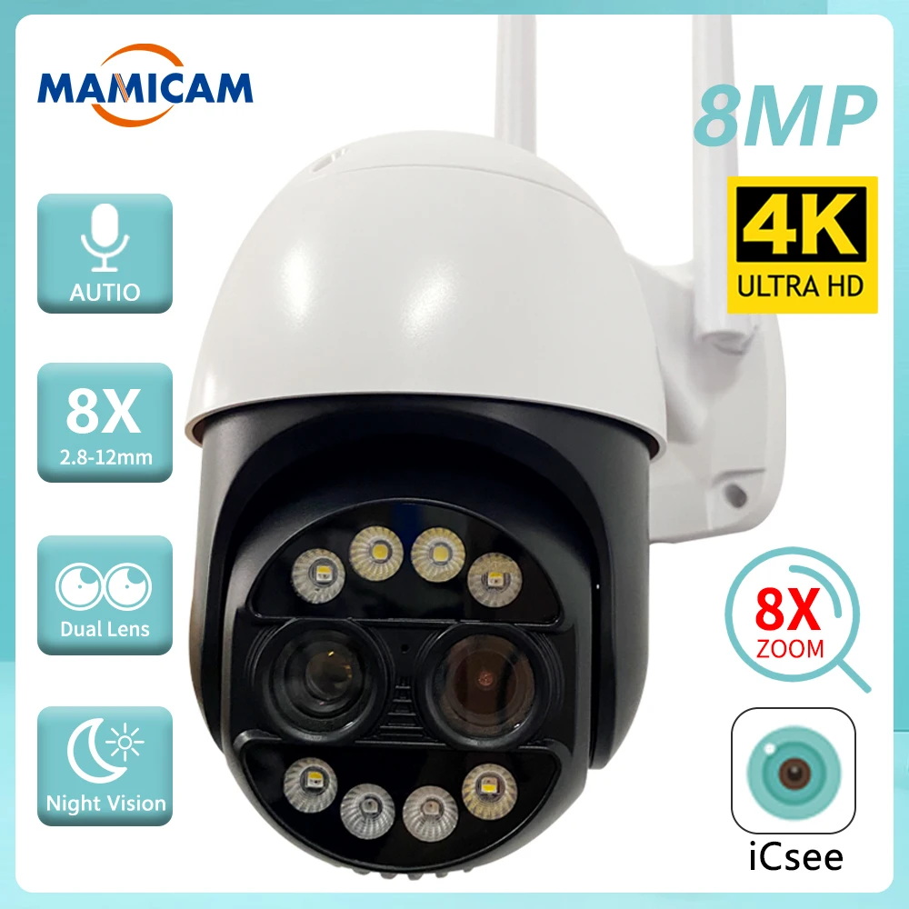 

4K 8MP WiFi Surveillance Camera 8X Zoom 2.8mm -12mm Dual Lens 4MP PTZ CCTV Security Video IP Cameras AI Tracking IP66 ICsee