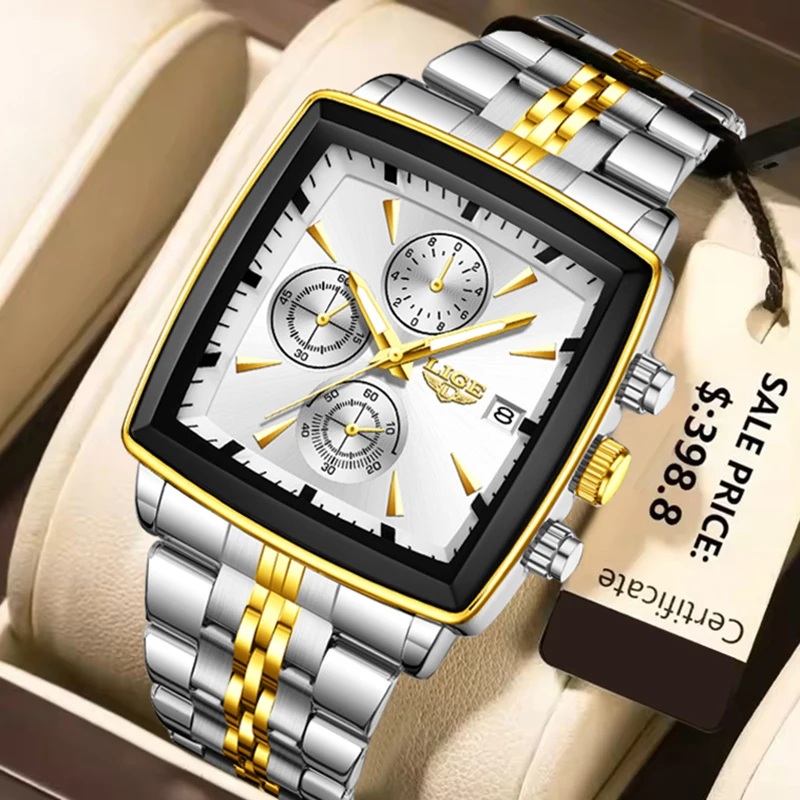 LIGE New Men's Quartz Watch Fashion Business Watch Men Square Stainless Steel Waterproof Luminous Chronograph Relogio Masculino