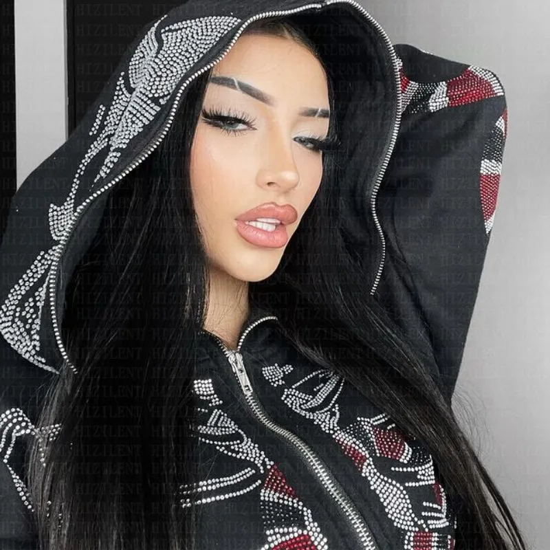 Y2K Hoodie Men Skull Skeleton Snake Diamond Print Gothic