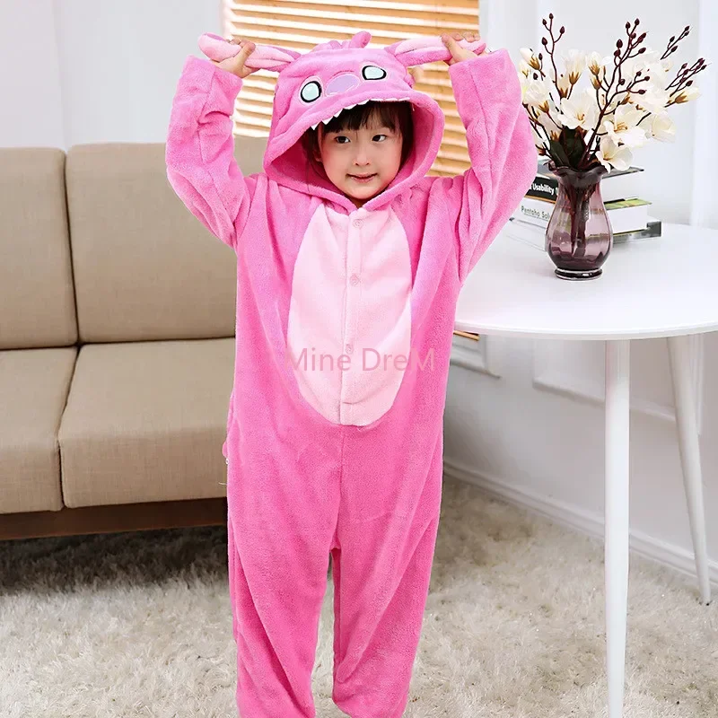 Kids Stitch Pluto Winnie Bear Onesies Pajamas Kigurumi Animal Piglet Tiger Pajamas Hooded Flannel Jumpsuits Cosplay Costumes