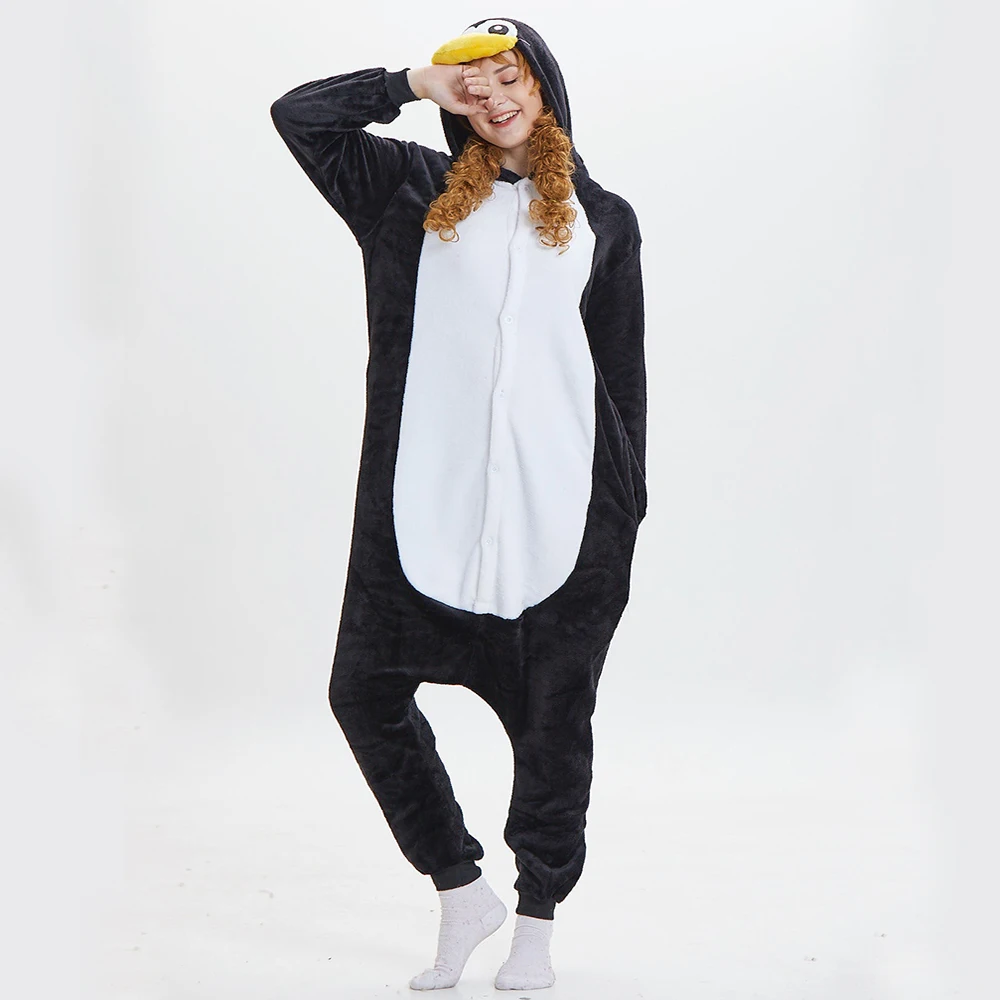 

Black Penguin Onesies Unisex Winter Adults Flannel Sleepwear Women Men Halloween Anime Costumes Animal Cartoon One-Piece Pijamas