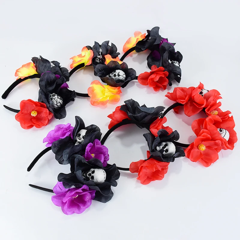 Halloween Rose Stirnband Schädel Haarband schwarze Blume Krone Tag der toten Kopf bedeckung Gothic Kostüm Zubehör Halloween Dekor – Detail 3