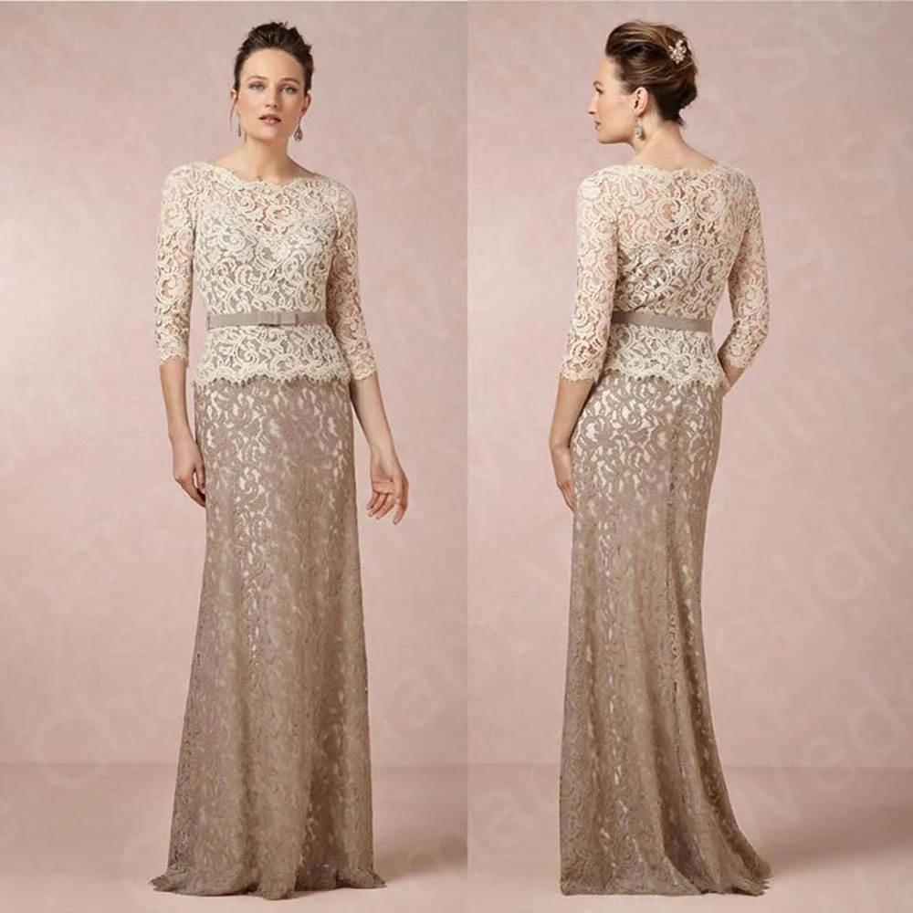 

2023 New Contrast Color Mother of the Bride Dress Lace Dresses 3/4 Sleeves Wedding Guest Gowns Bow Belt Floor Length