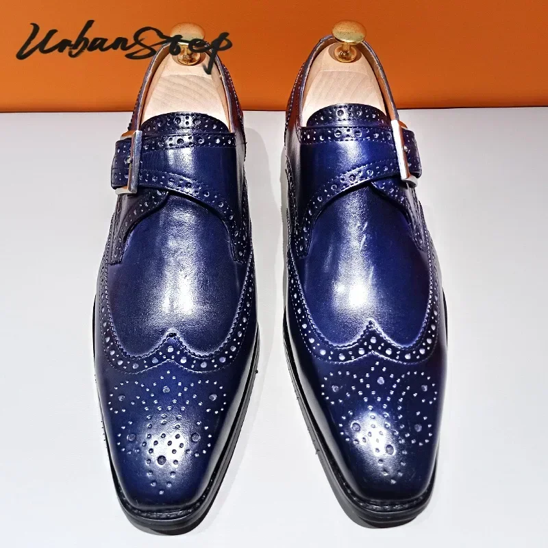 Luxury Casual Men Monk Strap Shoes Blue Black WingTip polishing Loafers Men Dress Shoes Wedding Office Leather men monk strap shoes
