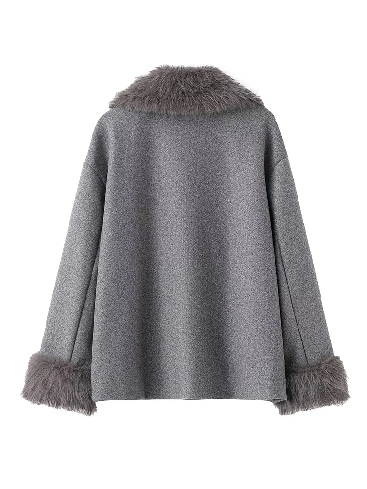  Elegant Woolen Short Coat For Ladies Solid Loose Lapel Furry Collar Long Sleeve Jacket Female 2025 Autumn Winter Chic Coat