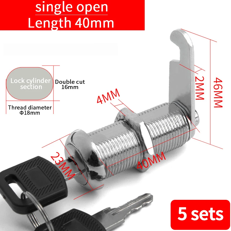 Lock com 2 chaves, Mailbox Lock, Gaveta Cam Lock, 18mm, 5 conjuntos