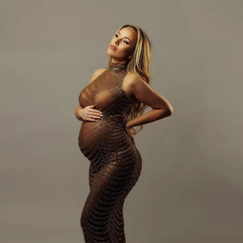 Maternity Photography Gown Baby Shower Dress Sexy Shiny Rhinestone Goddess Bodysuit Pregnant