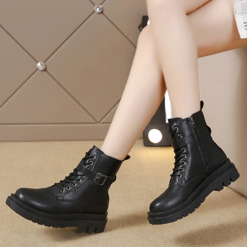 2022 Fashion Women's Ankle  Lace Up Fur Lining Modern Boots Short Comfy Combat Shoes Women Shoes  Platform Boots New