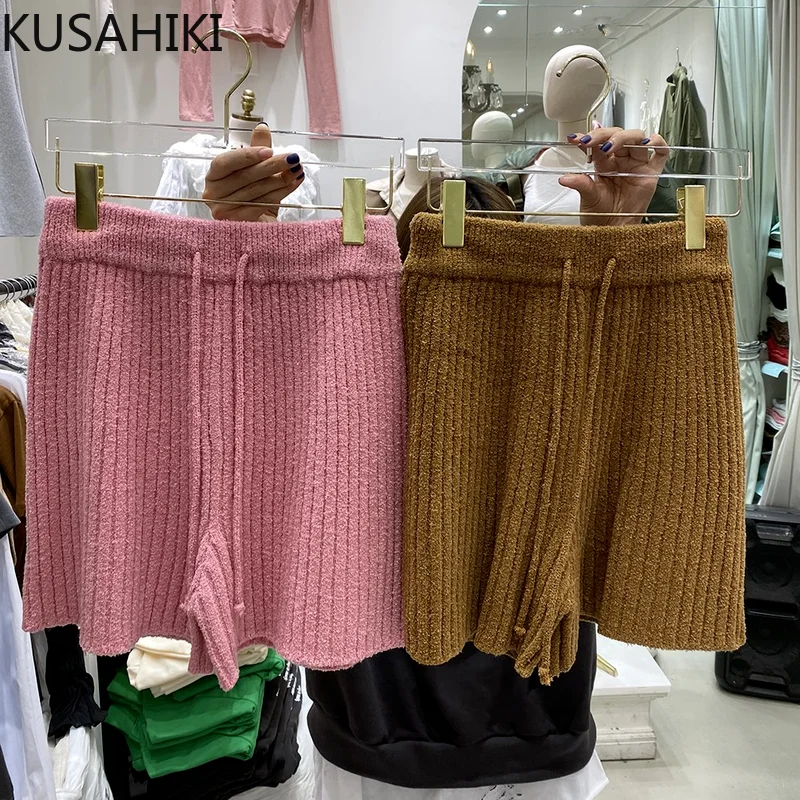 KUSAHIKI 2022 Spring Autumn New Knitted Shorts Women Lace Up Elastic High Waist Bottoms Causal Solid Sweater Short Feminimos | Женская