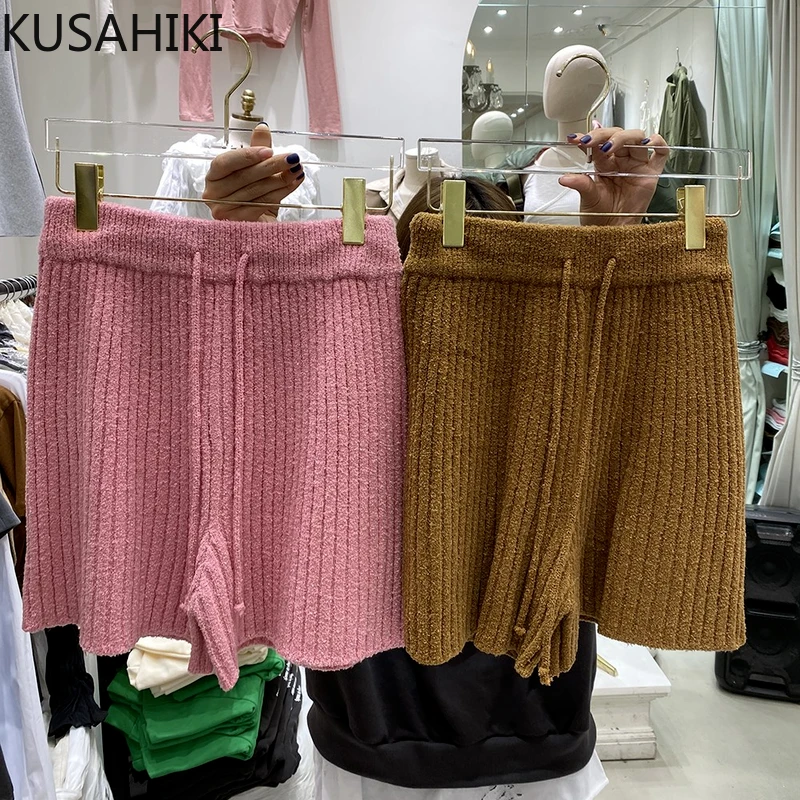 yoga shorts KUSAHIKI 2022 Spring Autumn New Knitted Shorts Women Lace Up Elastic High Waist Bottoms Causal Solid Sweater Short Feminimos dickies shorts